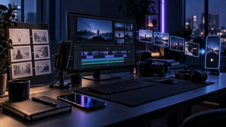 Creator workstation with editing screens and camera equipment, illustrating a start-to-publish faceless video workflow.