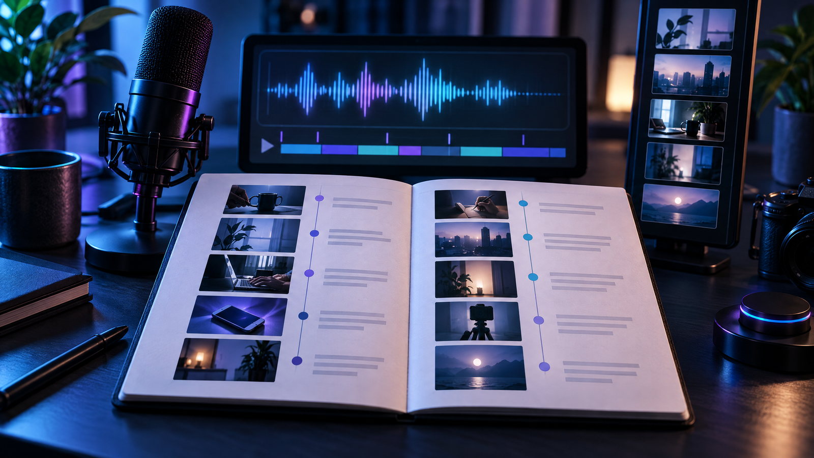 A video script outline beside an audio waveform and editing timeline for planning a short-form video.